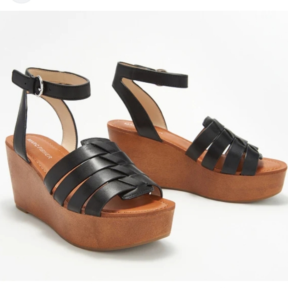 Marc Fisher (Size 8.5) Black Leather Strappy Open Toe Wedge/Platform Sandals - Picture 13 of 13
